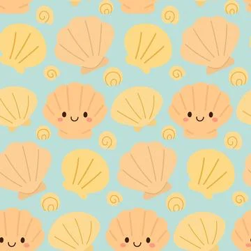 Friendly scallop shells in warm peach and yellow tones smile across a seamless Stock Illustration