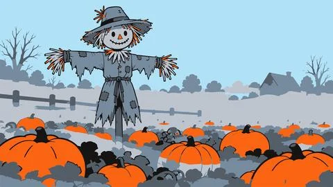 Friendly scarecrow standing in orange pumpkin patch under blue sky with far.. Stock Illustration