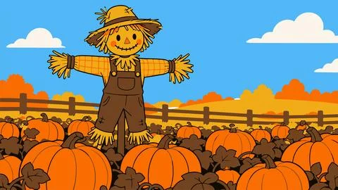 Friendly scarecrow standing in pumpkin patch under clear blue sky during autu Иллюстрация