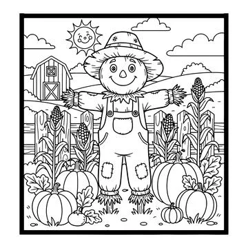 Friendly scarecrow standing in a vibrant pumpkin patch on a sunny farm 스톡 일러스트