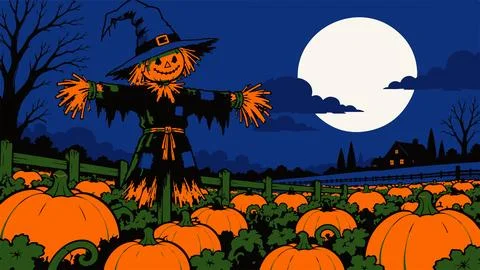 Friendly scarecrow with witch hat in moonlit pumpkin field at night for fes.. Illustrazione stock