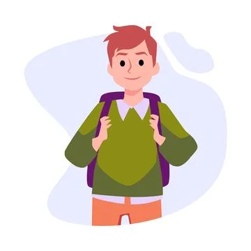Friendly schoolboy with backpack in green sweater, teenager, smart pupil, back Stock Illustration