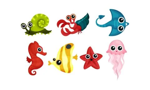 Friendly Sea Animals Vector Set For Kids Illustrated Book Stock Illustration