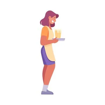 A friendly server cheerfully holding a colorful tray filled with appetizing food Illustrazione stock