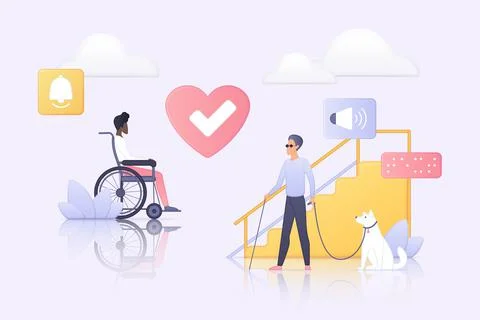 Friendly services, help and care for people with physical disability, ramp and Stock Illustration