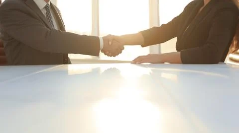 Friendly smiling business people  handshaking after pleasant tal Stock Photos