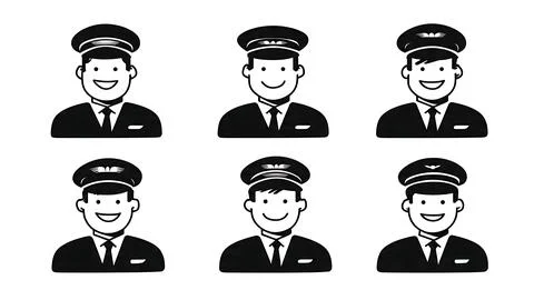 Friendly Smiling Pilot Character Black Silhouettes Set Stock Illustration