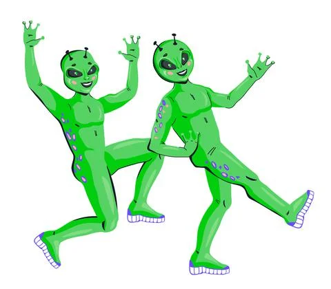 Friendly smiling space aliens two green fantasy characters, cartoon flat vect Illustrazione stock