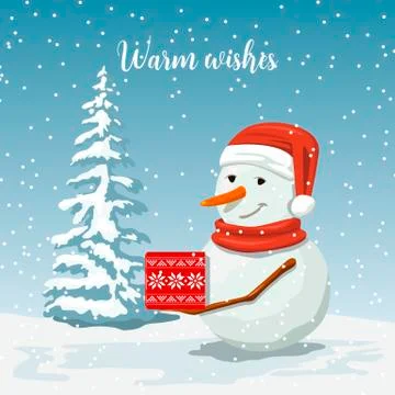 Friendly Snowman in a santa hat. Smiling Frosty with a gift. Winter landscape Stock Illustration
