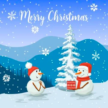 Friendly Snowmen in a santa hat. Smiling Frosty with a gift box. Snowwoman. V Stock Illustration