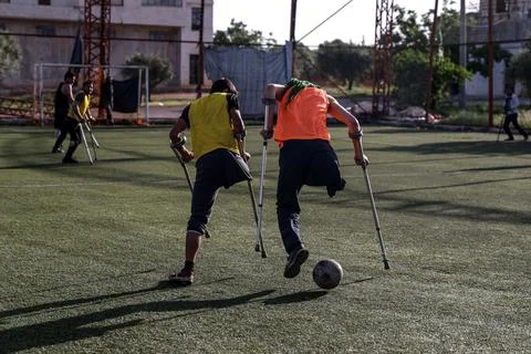 Friendly soccer match for the physically challenged in Idlib, Syria - 17 Apr 201 Stock Photos