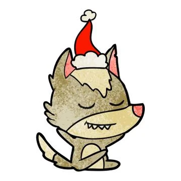 Friendly textured cartoon of a wolf sitting wearing santa hat 스톡 일러스트
