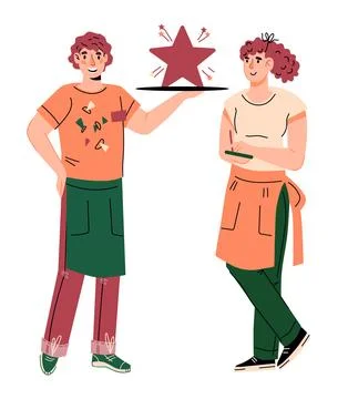 Friendly waiters restaurant workers with trays, vector illustration isolated. Stock Illustration