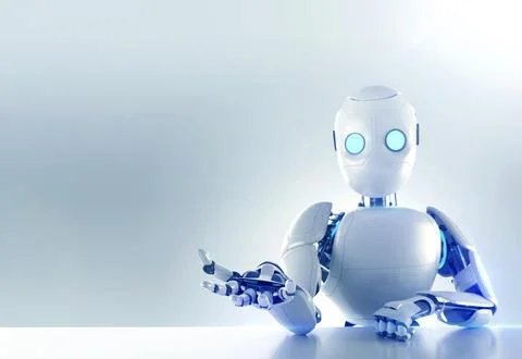 Friendly white AI robot reaching out its hand on a bright futuristic background. Stock Illustration