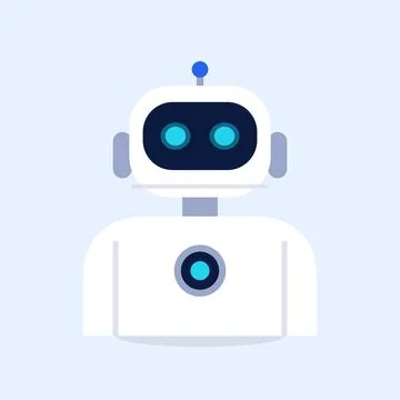 Friendly white robot character with blue glowing eyes and antenna on light blue Illustrazione stock