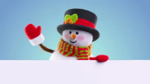 Friendly wool?felt snowman waves a mitten from behind a banner and smiles Video stock 319959756
