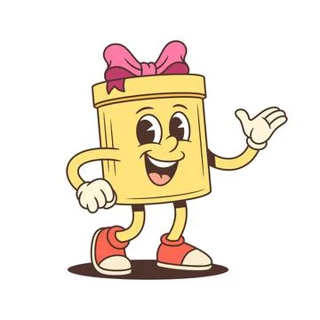 Friendly Yellow Gift Box Cartoon Character Waving And Winking Vector Illust.. Ilustración de archivo