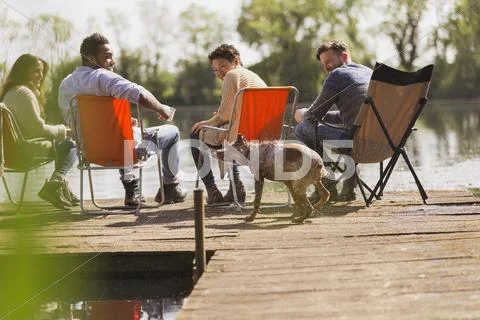 Friends and dog at sunny lakeside dock Stock Photos