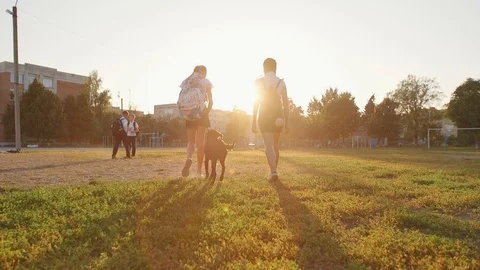 Friends Are Going to School. They Have A Lot of Fun Because Today is Their First Stock Footage 94328600