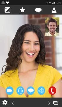 Friends are using flat call interface, showing woman in yellow top, control Stock Photos