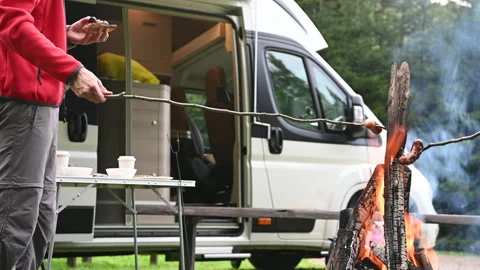 Friends Baking Sausages on Campfire During Campground Time Video stock 141014405
