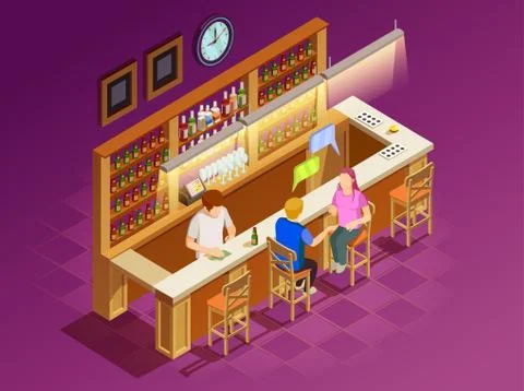 Friends In Bar Interior Isometric View Illustration