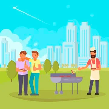 Friends on bbq vector flat illustration Ilustración de archivo