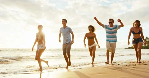 Friends on the Beach at Sunset Stock Footage 65839395