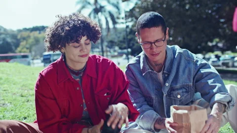 Friends Brewing and Drinking Yerba Mate Tea during Picnic on Sunny Day Stock Footage 345384261