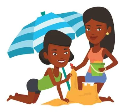 Friends building sandcastle on beach Ilustración de archivo