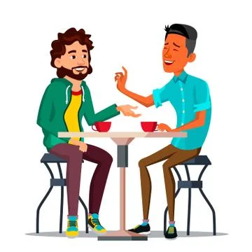 Friends In Cafe . Two Man. Drinking Coffee. Bistro, Cafeteria. Coffee Break Ilustração Stock