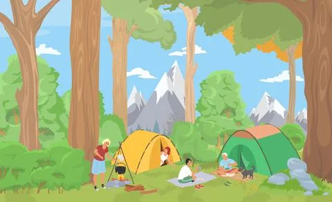 Friends camp in forest cartoon vector illustration Stock Illustration