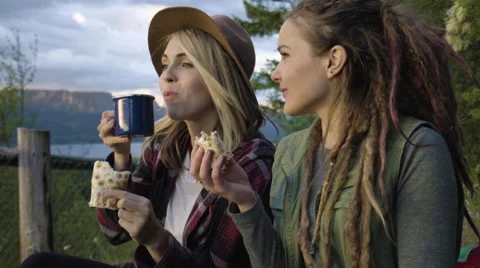 Friends Chat And Eat Food At A Viewpoint In The Columbia River Gorge Stock Footage