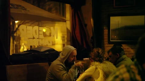 Friends Chatting at Seating Booth Inside Moeder Lambic Pub Night Shot 스톡 동영상 346823361