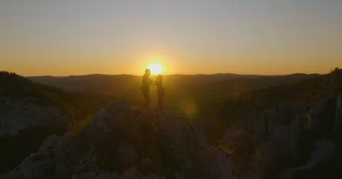 Friends Climbing Reaching the Top at Sunset Stock Footage 85242636