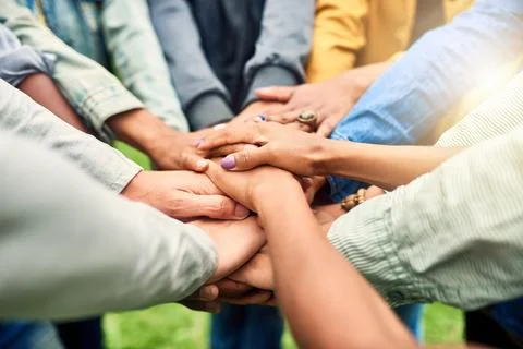 Friends, community and stack of hands of people for motivation, support and 库存照片