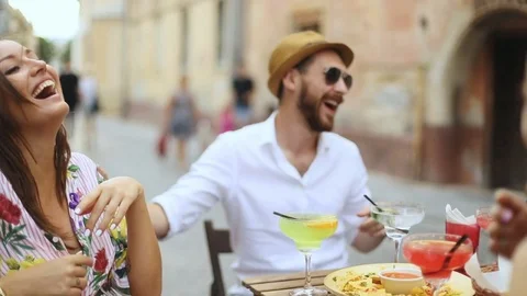 Friends concept - two couples boys and girls tourists trip journey spending time Stock-Footage 79808561
