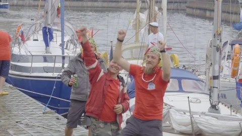 Friends dancing and drinking together at a party on a yach. Yacht club, port. Stock Footage