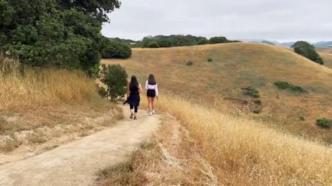 Friends descending a hillside peacefully Stock Footage 250357090