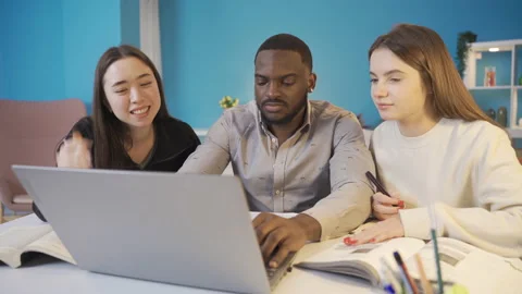Friends of different ethnicities study happily. Stock Footage 228803480
