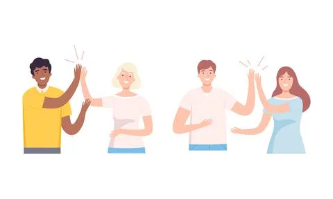 Friends doing high five set. Informal greeting, command motivation, friendship 스톡 일러스트