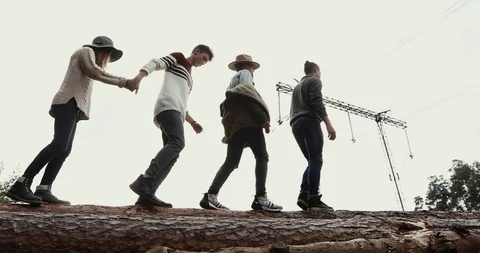 Friends Down A Log, Away From Camera Stock Footage 94322923