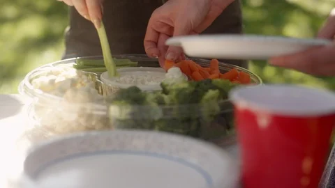 Friends eat from a vegetable platter at a backyard barbecue in the summer Stock-Footage 116827172
