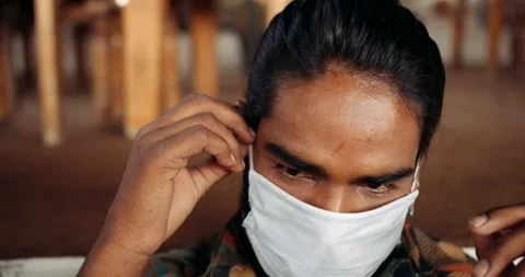 Friends in an empty bar restarant cafe with face masks Stock Footage 145114569