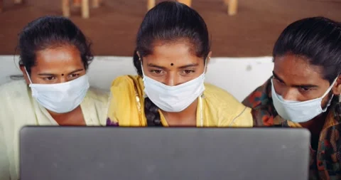 Friends in an empty bar restarant cafe with face masks Stock Footage 145117655