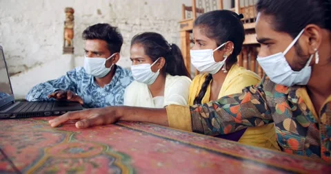 Friends in an empty bar restarant cafe with face masks Stock Footage 145117732