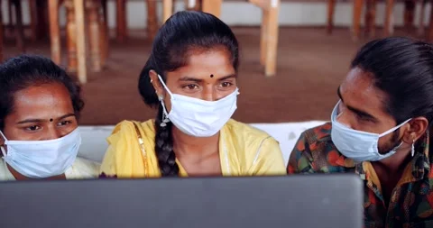 Friends in an empty bar restarant cafe with face masks Stock Footage 145117734