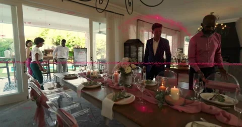 Friends entering via sliding doors, host guiding seating with chair icons Stock Footage 320415744