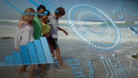 Friends entering surf, moving while blue tech HUD overlaying showing circular UI Stock Footage 333720225
