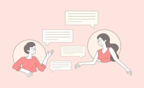 Friends exchanging emails outline vector illustration. Young couple, cheerful Stock Illustration